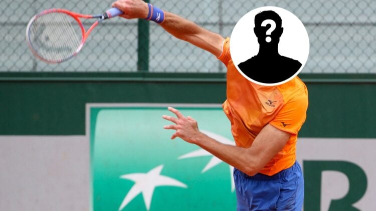 Main: Ivo Karlovic hits a serve. Inset: Mystery overlay covering Ivo Karlovic's face.