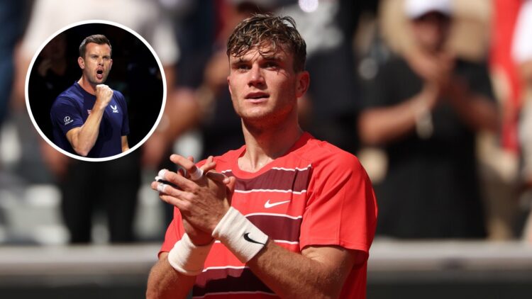 Jack Draper at the 2025 Roland Garros during his match with Joao Fonseca, with an inset of Team GB Davis Cup captain Leon Smith