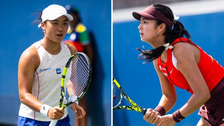 Janice Tjen (left) holds out her racket and Alexandra Eala (right) prepares to return a serve