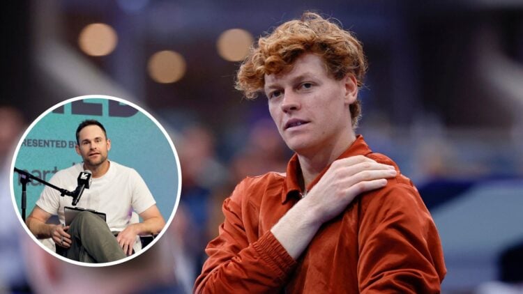 Jannik Sinner during his 2025 US Open final defeat with an inset of Andy Roddick