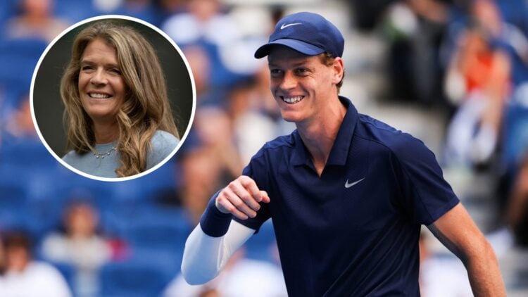 Main: Jannik Sinner smiling. Inset top left: Annabel Croft smiling.