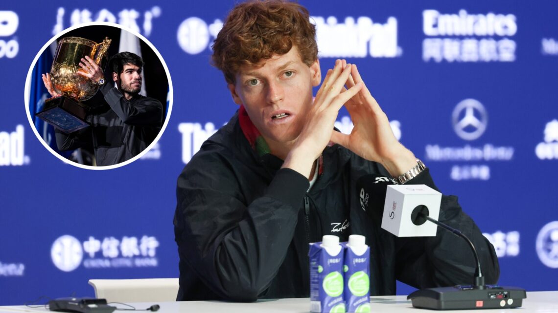 Main: Jannik Sinner speaks to the media. Inset top left: Carlos Alcaraz lifts the China Open trophy.