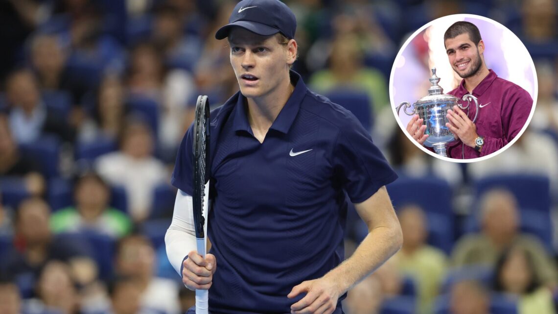 Main: Jannik Sinner celebrates winning a point at the China Open. Inset top right: Carlos Alcaraz poses with the 2025 US Open Men's Singles trophy.