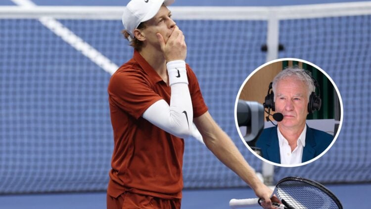 Jannik Sinner (left) covers his mouth and John McEnroe (right) in a circle overlay