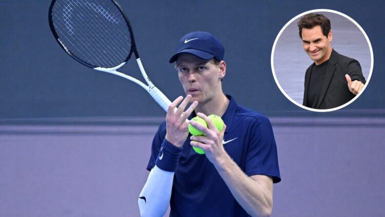Main: Jannik Sinner blows air onto his fingers. Inset top right: Roger Federer give a thumbs up gesture.