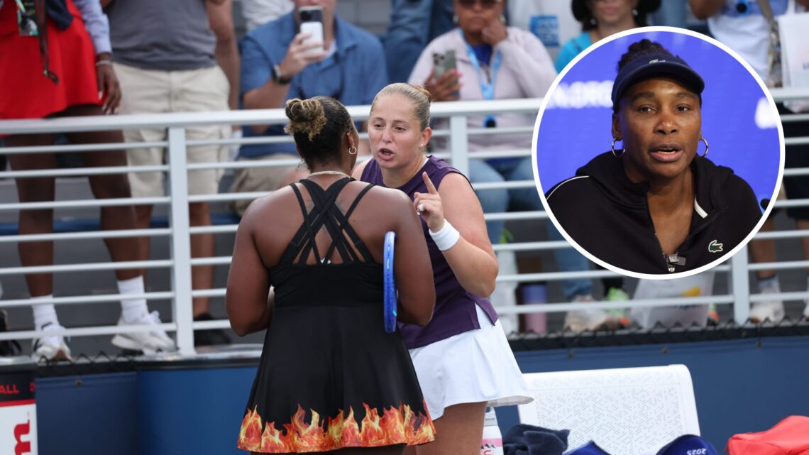 Main: Jelena Ostapenko and Taylor Townsend arguing. Inset top right: Venus Williams looks on.