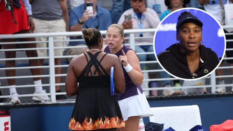 Main: Jelena Ostapenko and Taylor Townsend arguing. Inset top right: Venus Williams looks on.