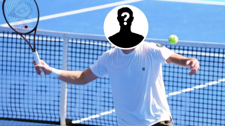 Main: Jenson Brooksby prepares to hit a ball into the crowd. Inset: Mystery overlay covering Jenson Brooksby's face.
