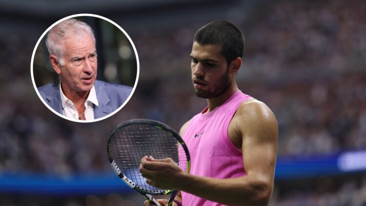John McEnroe (left) in a circle overlay and Carlos Alcaraz (right) looks at his racket