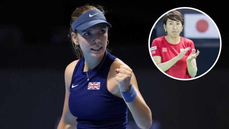 Main: Katie Boulter fist pumps in celebration. Inset top right: Ai Sugiyama looks on.