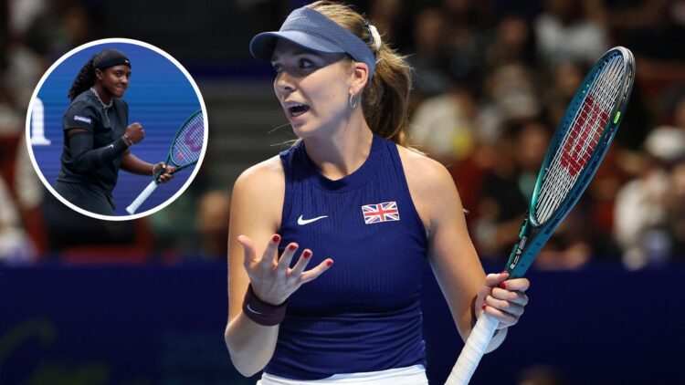 Main: Katie Boulter complains. Inset top left: Hailey Baptiste fist pumps in celebration.