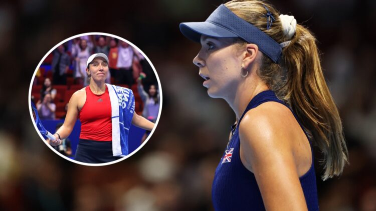 Main: Katie Boulter looks on. Inset left: Jessica Pegula takes in the adulation from the crowd at the Billie Jean King Cup.