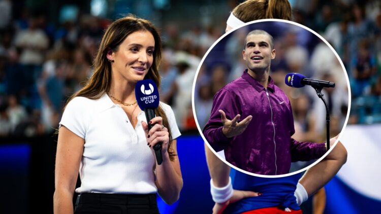 Laura Robson (right) speaks into a microphone and Carlos Alcaraz (right) in a circle overlay shrugs his shoulders