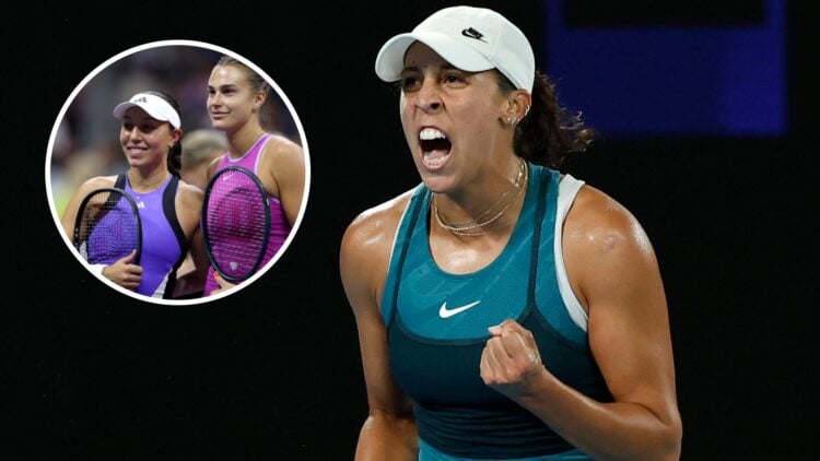 Madison Keys celebrating a point at the Australian Open with an inset of Aryna Sabalenka and Jessica Pegula from the US Open