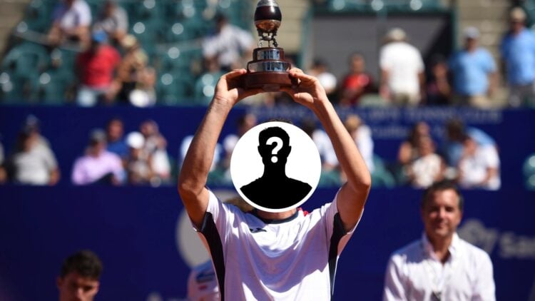 Main: Marco Cecchinato lifts the Buenos Aires Open trophy. Inset middle: Mystery overlay covering Marco Cecchinato's face.
