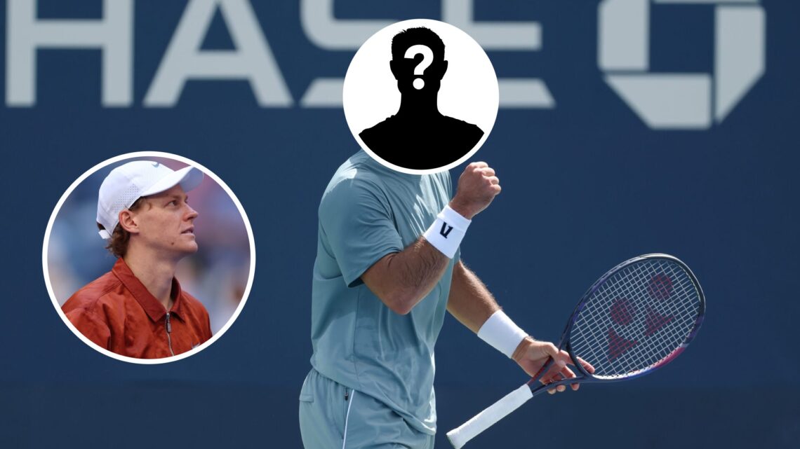 Main: Marcos Giron fist pumps in celebration. Inset leftt: Jannik Sinner looks on. Inset top centre: Mystery overlay covering Marcos Giron's face.