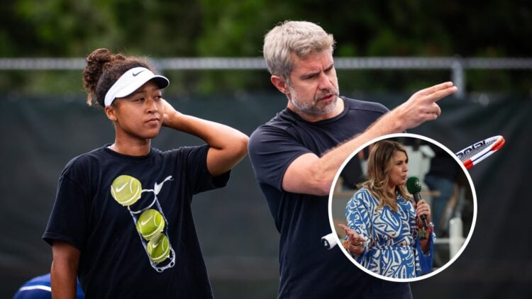 Marion Bartoli (bottom right) speaks into a microphone, Tomasz Witkowski and Naomi Osaka chat (middle)