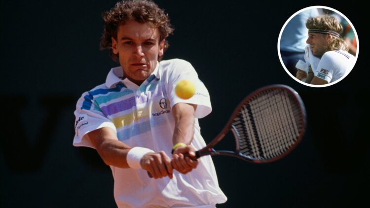 Main: Mats Wilander prepares to hit a backhand. Inset top left: Bjorn Borg looks on while wiping his face with a towel.