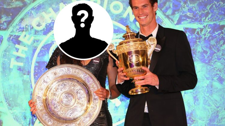 Mystery player (left) and Andy Murray (right) pose with their Wimbledon trophies