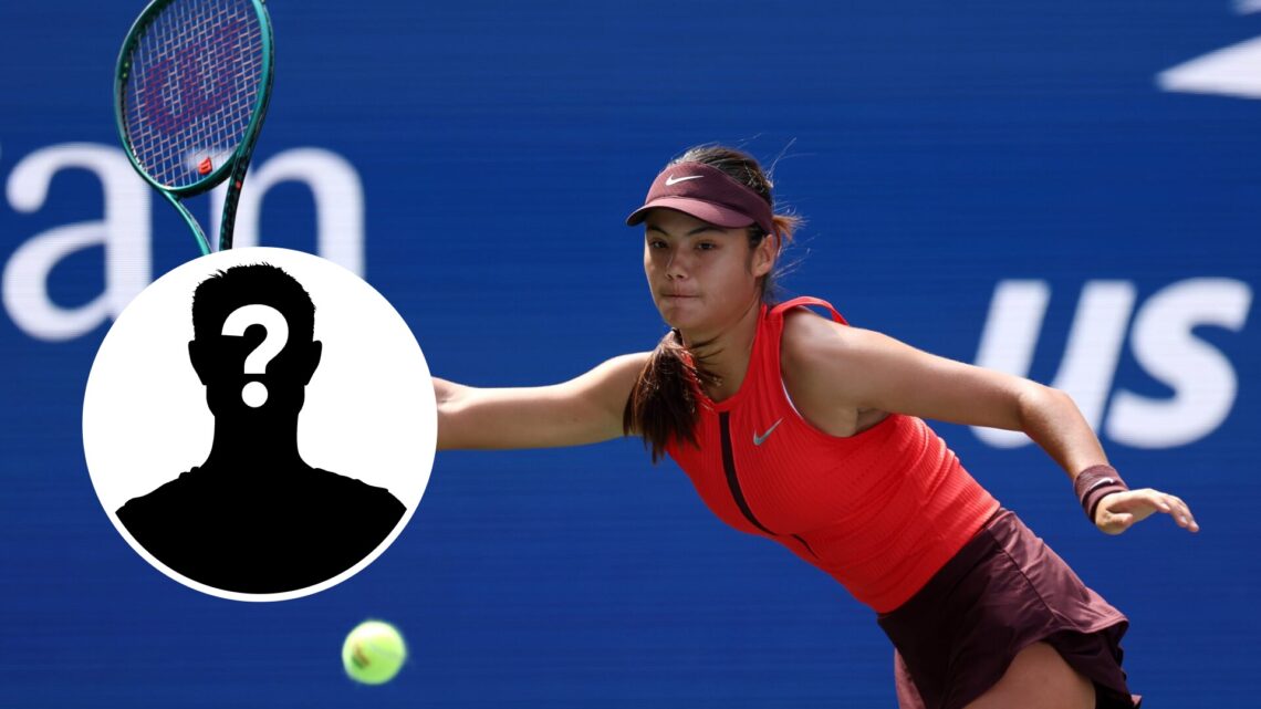 Mystery player (left) in a circle overlay and Emma Raducanu (right) stretches for a forehand