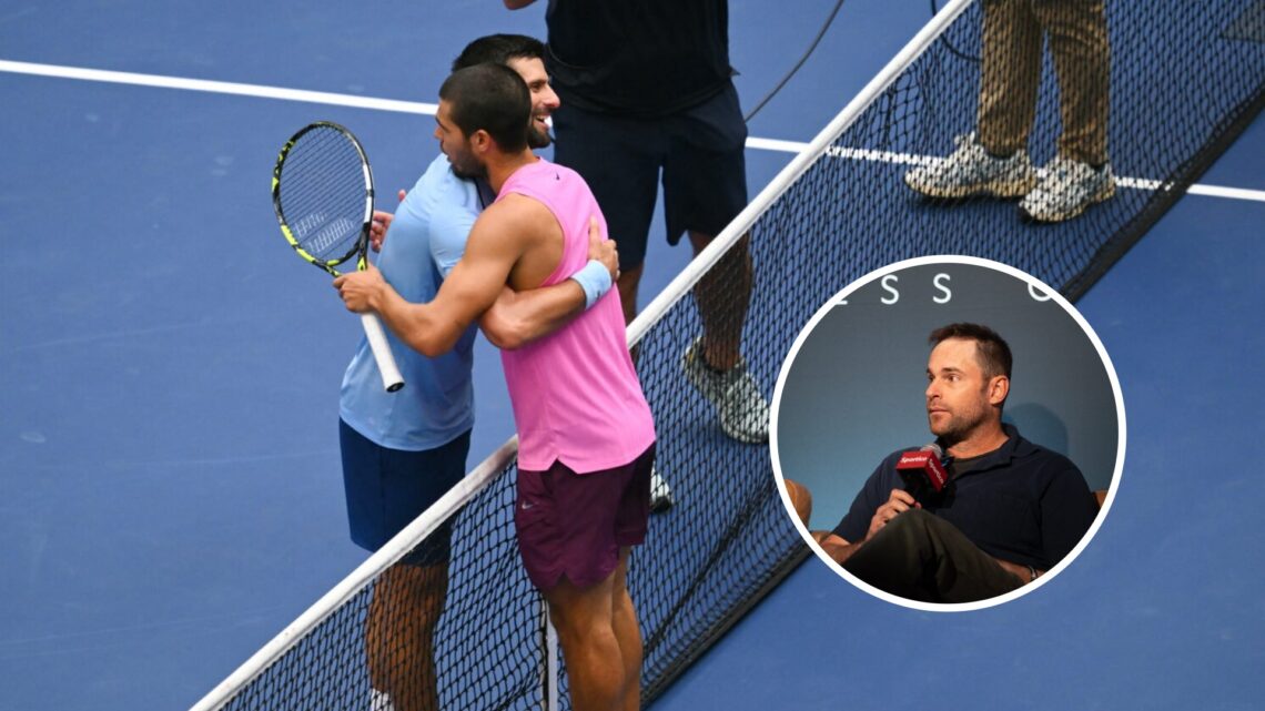 Novak Djokovic and Carlos Alcaraz hug at the net (left), Andy Roddick (right) in a circle overlay talks into a microphone