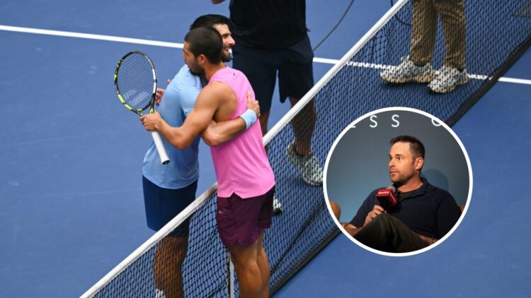 Novak Djokovic and Carlos Alcaraz hug at the net (left), Andy Roddick (right) in a circle overlay talks into a microphone