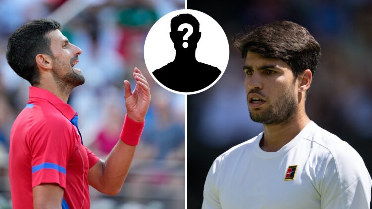Main left: Novak Djokovic complains. Main right: Carlos Alcaraz looking bewildered. Inset top middle: Mystery overlay.
