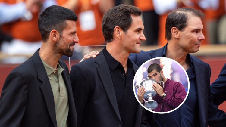 (Left to right) Novak Djokovic, Roger Federer and Rafael Nadal all look across, Carlos Alcaraz (bottom right) kisses the US Open trophy