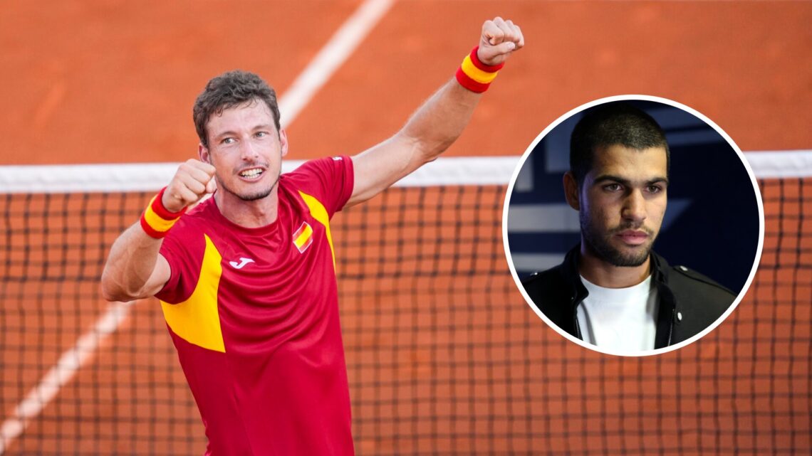 Main: Pablo Carreno Busta celebrates after winning the final rubber of Spain's Davis Cup qualifying match against Denmark. Inset right: Carlos Alca...