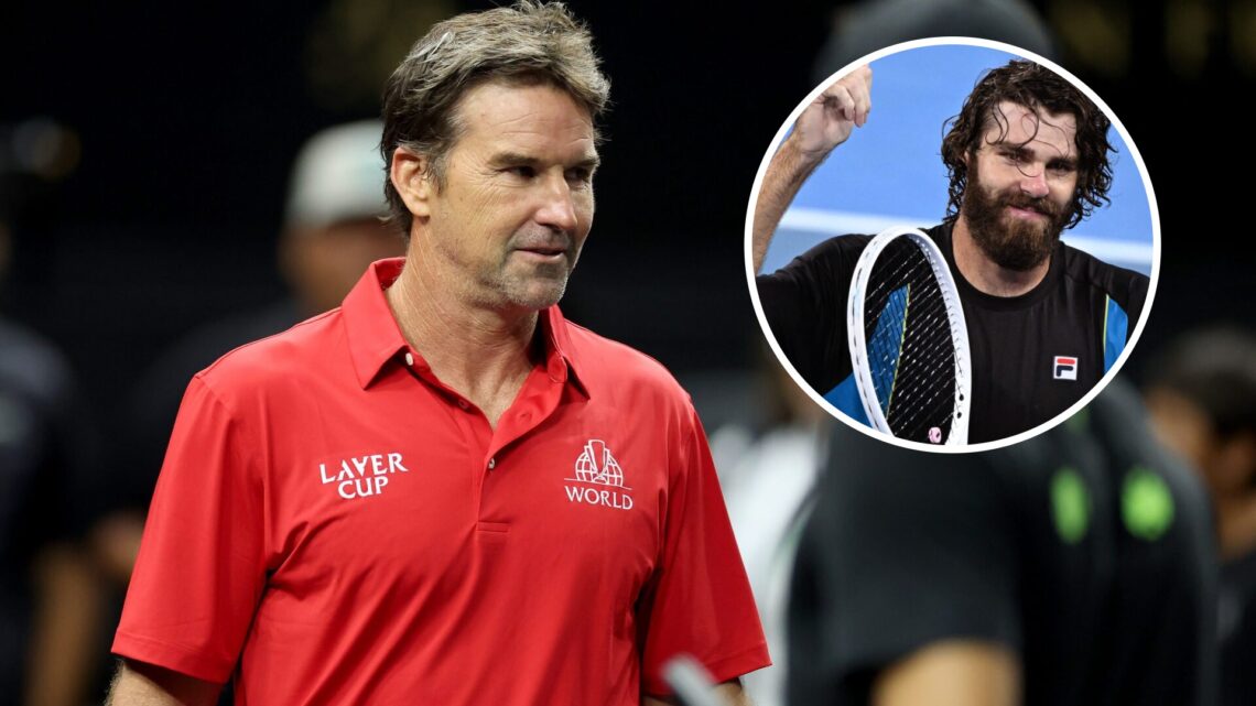 Pat Rafter at the 2025 Laver Cup with an inset of Reilly Opelka