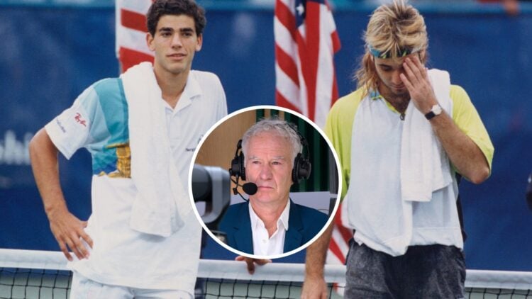 Pete Sampras (left) smiles, John McEnroe (middle) in a circle overlay looks and Andre Agassi (right) wipes his brow