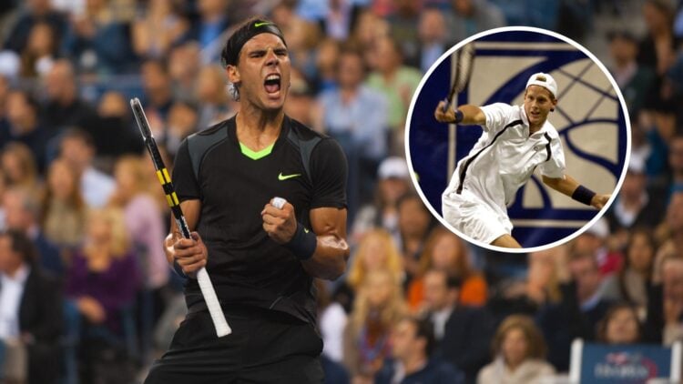 Rafael Nadal playing at the US Open in 2010 with an inset of Joachim Johansson