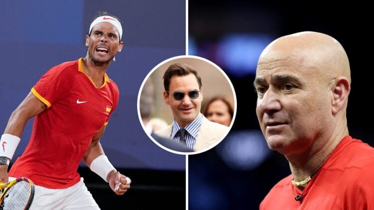 Main left: Rafael Nadal celebrates. Main right: Andre Agassi looks on. Inset centre: Roger Federer looks on.