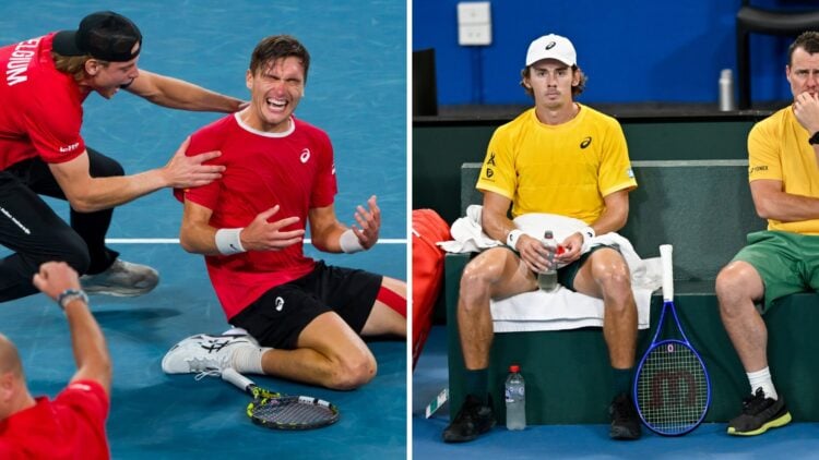 Main left: Raphael Collignon drops to his knees in celebration while celebrating with Zizou Bergs. Main right: A despondent Alex de Minaur and Lley...