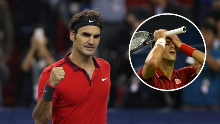 Roger Federer and Novak Djokovic during their Shanghai Masters semi-final in 2014