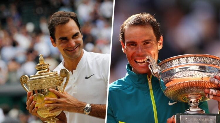 Roger Federer lifting the Wimbledon trophy and Rafael Nadal with the Roland Garros trophy