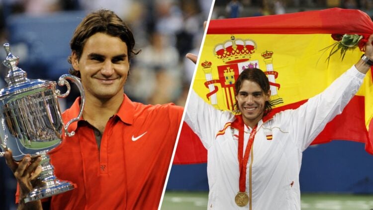 Roger Federer with the 2008 US Open trophy and Rafael Nadal with his Olympic Gold Medal in Beijing