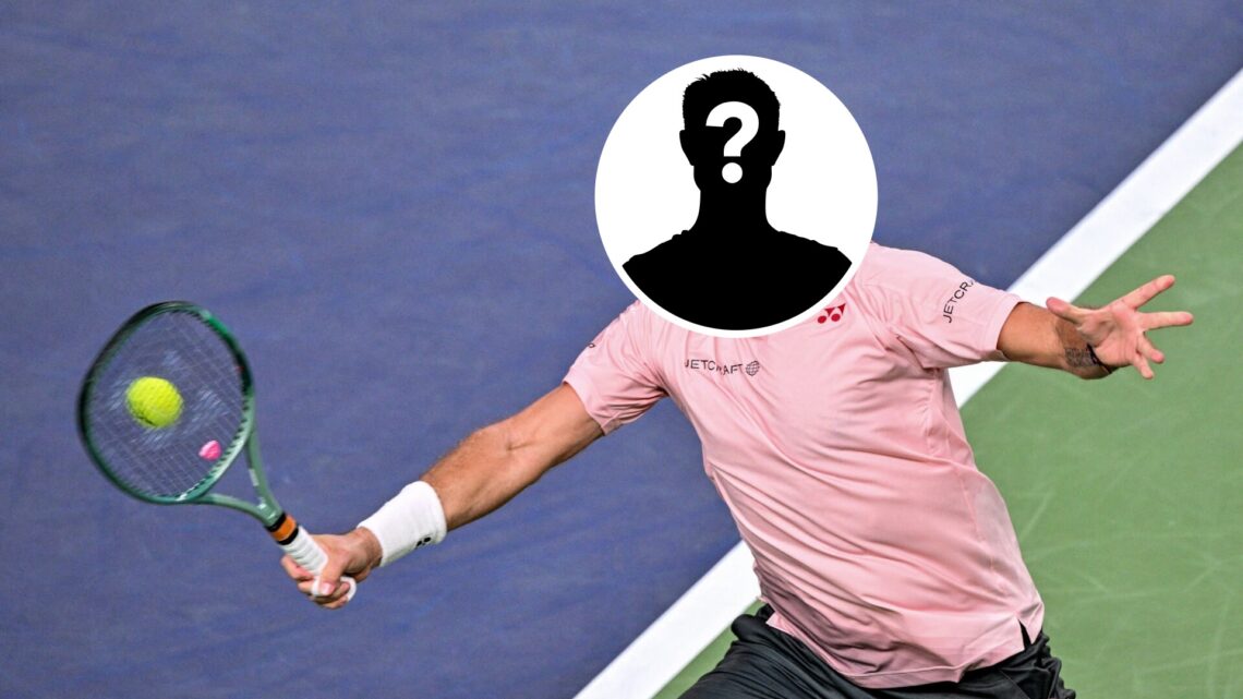 Main: Stan Wawrinka hits a backhand slice. Inset: Mystery overlay covering Stan Wawrinka's face.