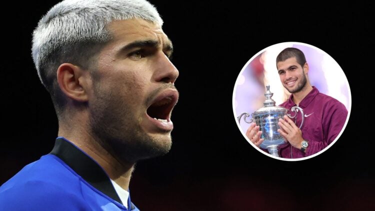 Main: Carlos Alcaraz looks on. Inset right: Carlos Alcaraz poses with the US Open trophy.
