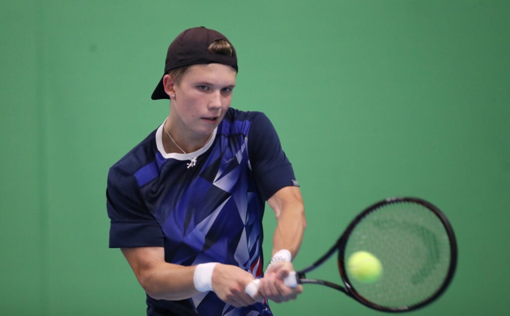 Harry Wendelken of Great Britain is seen in action in his second round match against Jonayhan Mridha of Sweden during day two of The Murray Trophy at Scotstoun Leisure Centre on September 17, 2019 in Glasgow, Scotland.
