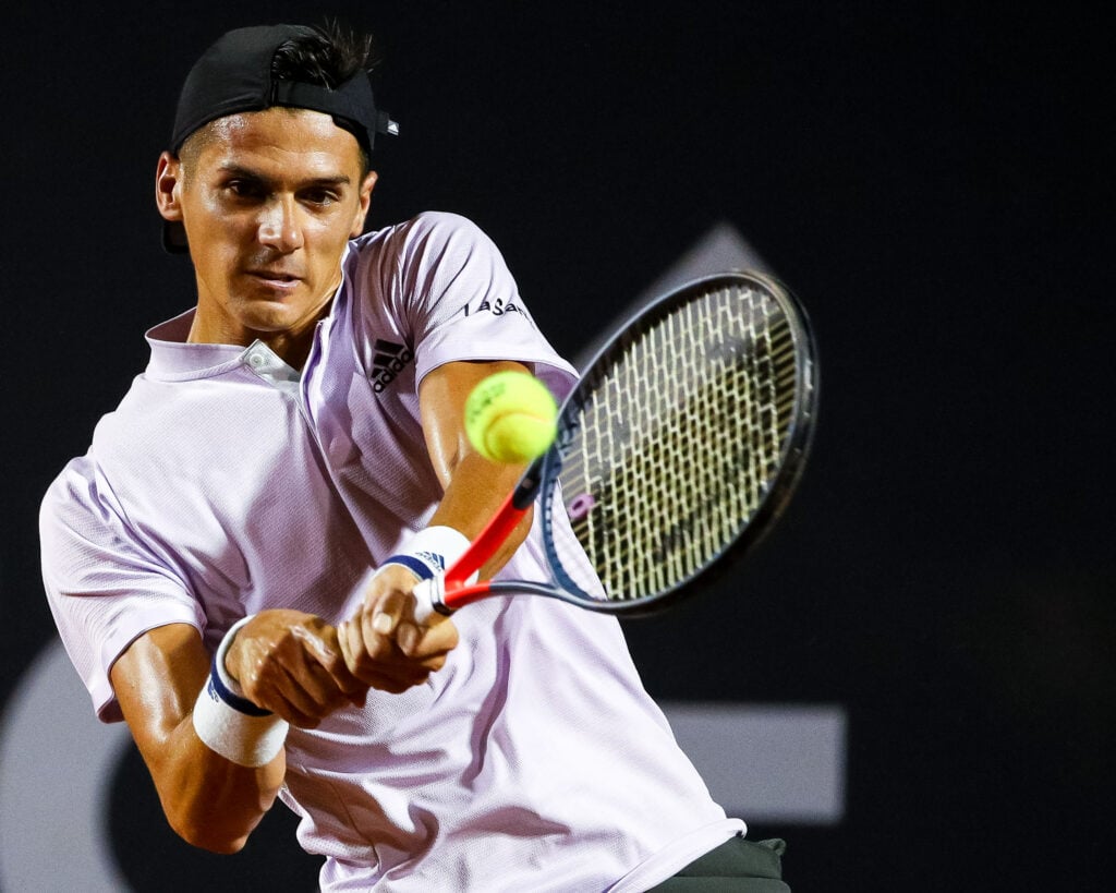 Federico Coria of Argentina returns a shot to Carlos Alcaraz of Spain during the ATP Rio Open 2020 at Jockey Club Brasileiro on February 19, 2020 in Rio de Janeiro, Brazil.