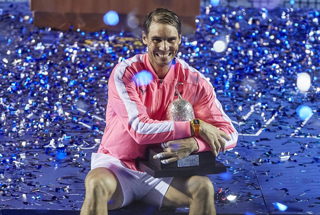 Rafael Nadal of Spain celebrates with the trophy after winning Mexican Open against Taylor Fritz of United States during day six of the ATP Mexican Open 2020 at Princess Mundo Imperial on February 29, 2020 in Acapulco, Mexico.