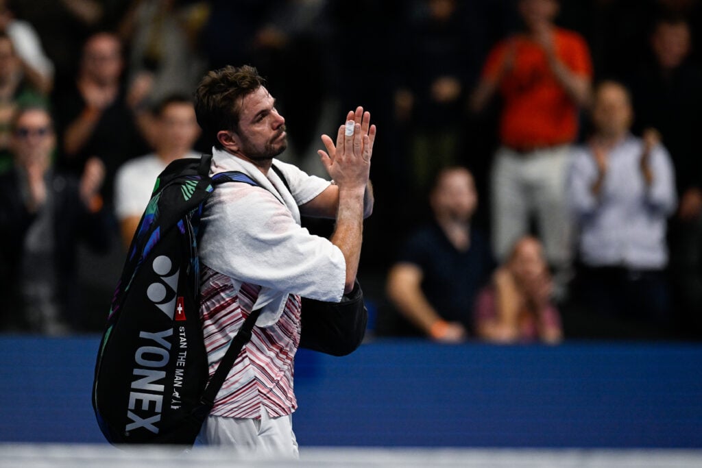 Stan Wawrinka of Switzerland reacts after his match against Roberto Bautista Agut of Spain during day seven of the Swiss Indoor Basel at St. Jakobshalle on October 28, 2022 in Basel, Switzerland.