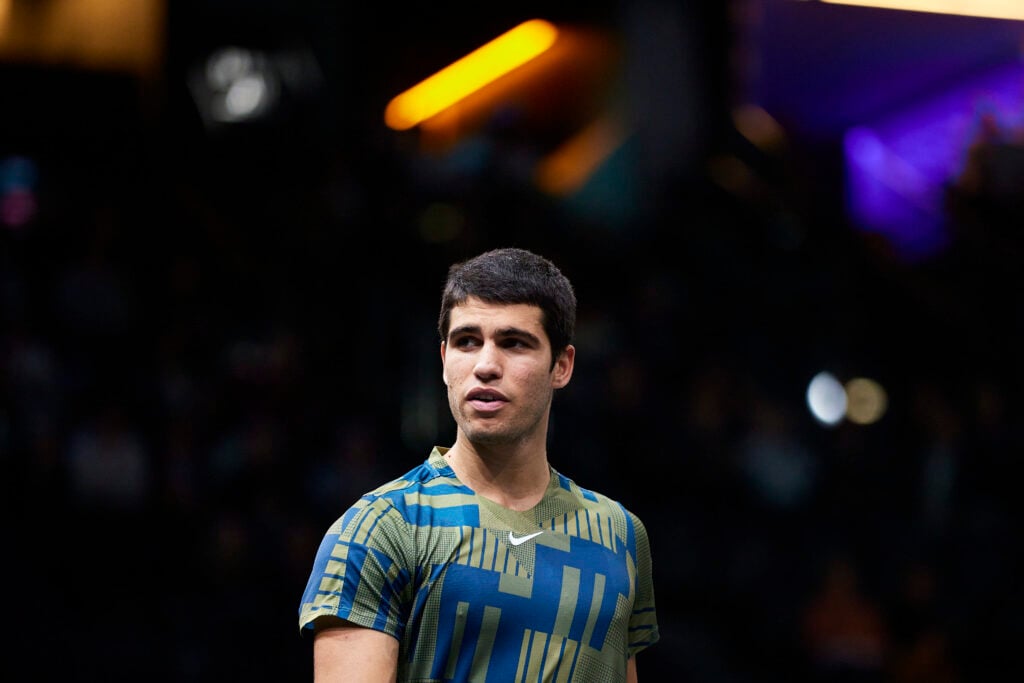 Carlos Alcaraz of Spain looks on against Holger Vitus Nodskov Rune of Denmark in the Quarter finals during Day Five of the Rolex Paris Masters tennis at Palais Omnisports de Bercy on November 04, 2022 in Paris, France.