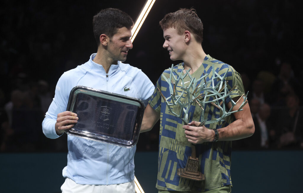 Finalist Novak Djokovic of Serbia, winner Holger Rune of Denmark during the trophy ceremony on day 7 of the Rolex Paris Masters 2022, an ATP 1000 tennis event at Accor Arena in Bercy on November 6, 2022 in Paris, France.