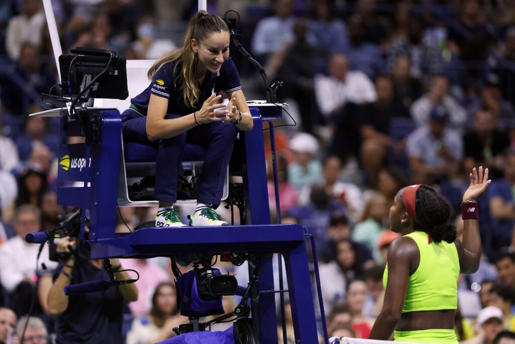 Coco Gauff of the United States speaks to the chair umpire after a point against Laura Siegemund of Germany during their Women's Singles First Round match on Day One of the 2023 US Open at the USTA Billie Jean King National Tennis Center on August 28, 2023 in the Flushing neighborhood of the Queens borough of New York City.
