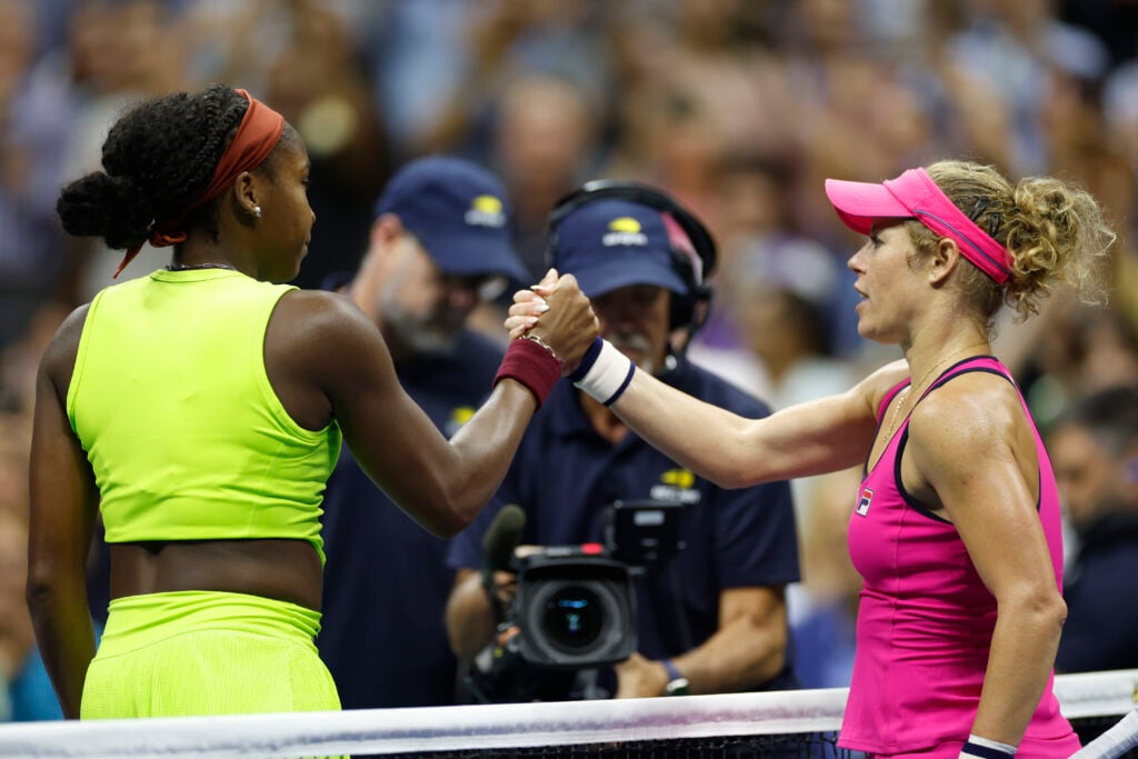 Laura Siegemund (R) of Germany shakes hands with Coco Gauff of the United States following their Women's Singles First Round match on Day One of the 2023 US Open at the USTA Billie Jean King National Tennis Center on August 28, 2023 in the Flushing neighborhood of the Queens borough of New York City.