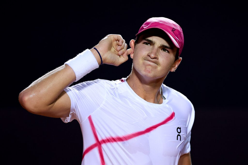João Fonseca of Brazil celebrates a point against Mariano Navone of Argentina during the quarter finals of ATP 500 Rio Open presented by Claro at Jockey Club Brasileiro on February 23, 2024 in Rio de Janeiro, Brazil.