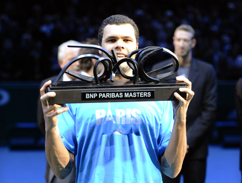 France's Jo-Wilfried Tsonga holds his trophy after beating Argentina's David Nalbandian during their ATP Paris Indoor Master Tournament final tennis match, on November 2, 2008 at the Palais Omnisport Paris-Bercy in Paris. Tsonga won 6-3, 4-6, 6-4.