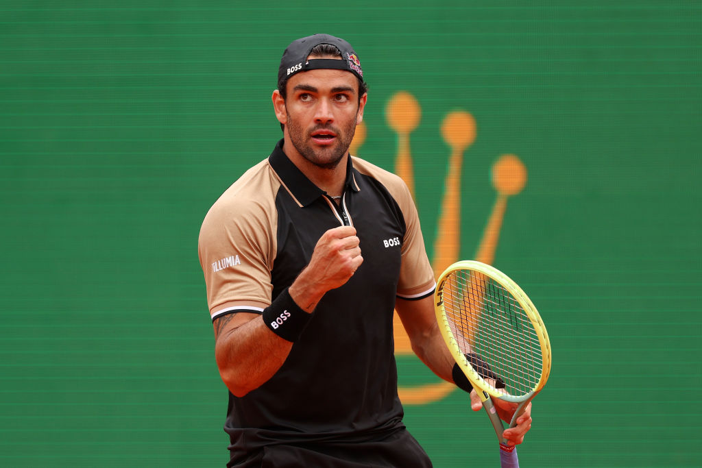 Matteo Berrettini of Italy celebrates a point against Miomir Kecmanovic of Serbia during the Men's Singles First Round match on day three of the Rolex Monte-Carlo Masters at Monte-Carlo Country Club on April 09, 2024 in Monte-Carlo, Monaco.